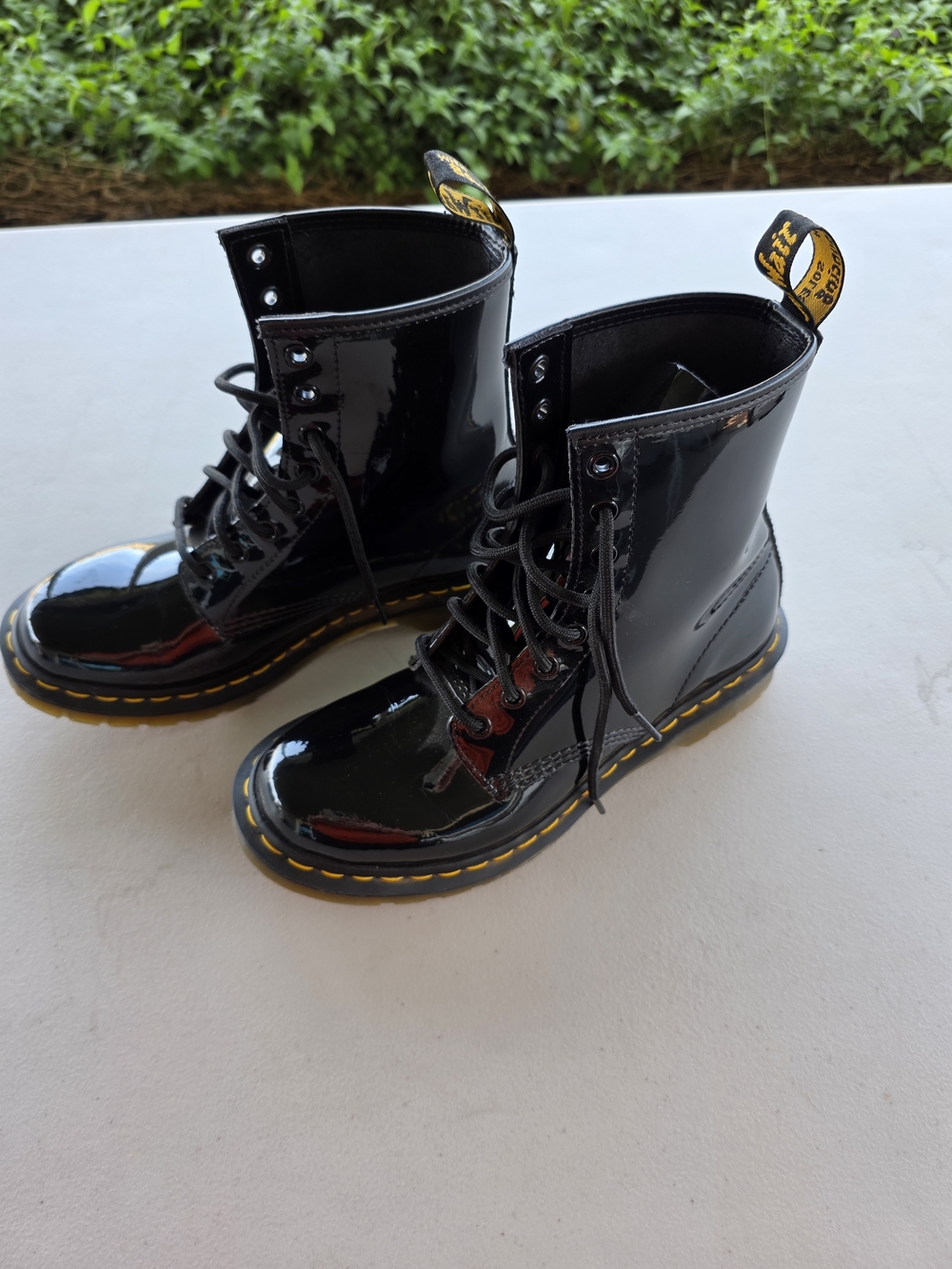 Dr. Martens Black Patent Lace-Up Boots with Yellow Stitching - Picture 2 of 5
